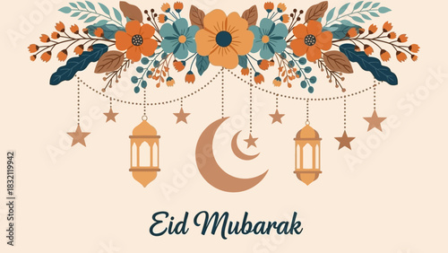 A beautiful Eid Mubarak greeting card with floral decorations, hanging lanterns, stars, and crescent moons on a light background.