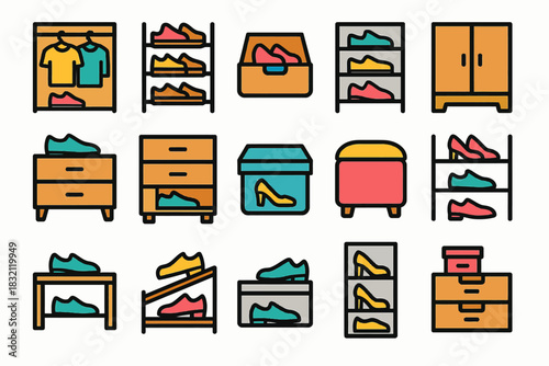 Colorful shoe storage solutions featuring wardrobes shelves and boxes