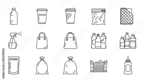 Outline packaging vector set including bottle bag container cup spray and box design for product and food