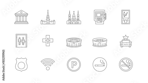 Line icons set featuring architecture building church atm toilet stadium police wifi parking smoking shield