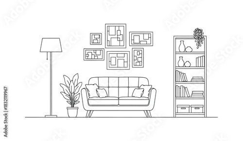 Elegant living room interior design sketch with sofa bookshelf and wall art in a minimalist black and white silhouette style illustration silhouette