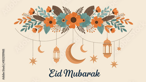 Elegant Eid Mubarak greeting card with floral garland, crescent moons, stars, and lanterns on a light background.