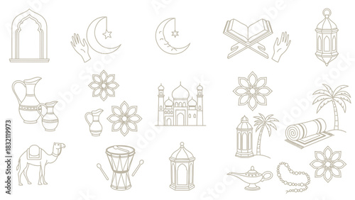 Collection of line art icons depicting various elements of Islamic culture and religion, including mosques, lanterns, camels, and traditional symbols.