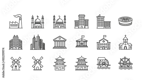 Buildings architecture city skyline factory mosque stadium windmill church school government linear icons set