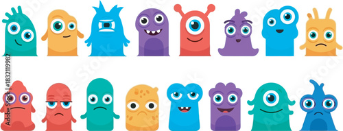 Collection of diverse and colorful cartoon monsters with various emotions and expressions for playful design projects Vector