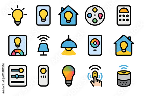 Smart home icons: lighting, automation, and control elements collection