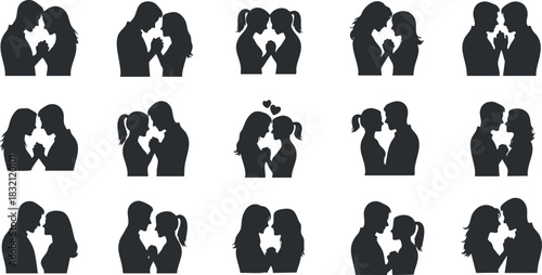 A collection of couple silhouette icons depicting love and affection in black and white vector style, perfect for romantic designs and projects