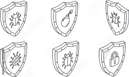 A collection of six security shields featuring icons of a bug, virus, bomb, and lock in black outline vector style, suitable for cybersecurity themes