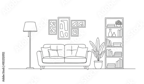 Minimalist living room interior design with sofa bookshelf and floor lamp in a clean line art style creating an elegant and modern silhouette