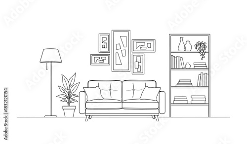 Minimalist living room interior design sketch with sofa lamp bookshelves and potted plant depicted in black and white silhouette style silhouette