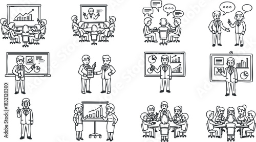 A collection of business meeting illustrations featuring professionals discussing charts and graphs in outline vector style, ideal for corporate presentations and training materials