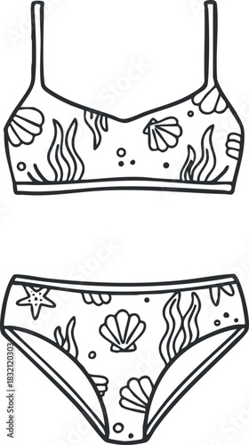 A bikini set featuring a top and bottom with seashells and marine patterns in black and white line art style, ideal for summer fashion designs