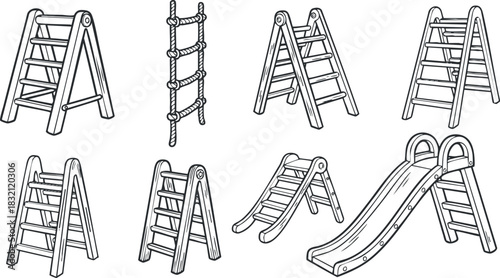 A collection of playground equipment including slides and ladders in black and white outline vector style, ideal for educational materials and children's design