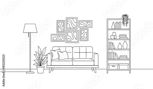 Minimalist living room interior design with sofa bookshelf and picture frames in a clean modern style presented as a black and white silhouette