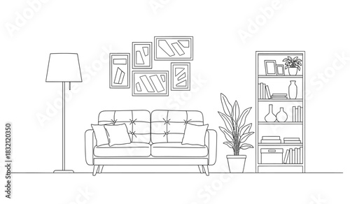 Elegant living room interior design with sofa bookshelf and floor lamp in a minimalist style presented as a clean silhouette sketch silhouette