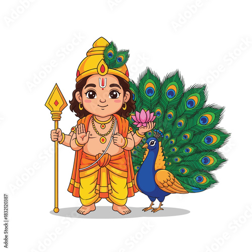 Bright, cute cartoon vector of kartikeya (murugan) holding a spear and lotus, accompanied by a peacock.