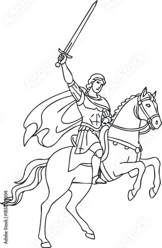 A heroic knight on horseback holding a sword in line art vector style, suitable for fantasy illustrations and storytelling