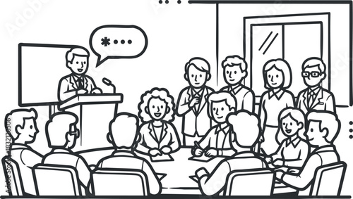 A group of people engaged in a business meeting with a speaker at a podium in black and white outline vector style, ideal for corporate presentations and training materials