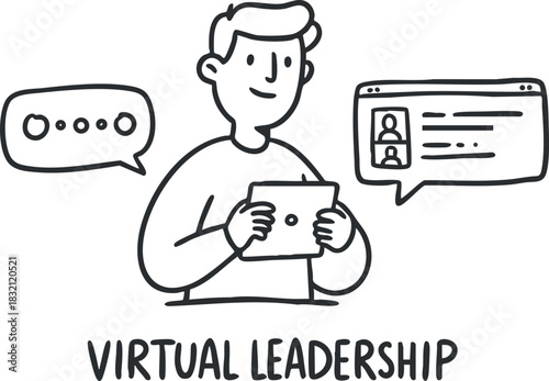A person engaging in virtual leadership with a smartphone and speech bubbles in a modern outline vector style, ideal for business presentations and training materials