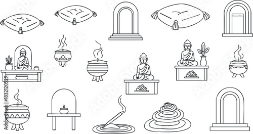 A collection of meditation and wellness icons featuring Buddha figures, incense, and serene elements in clean outline vector style, perfect for spirituality and wellness projects