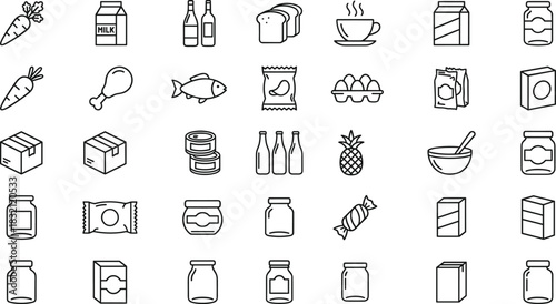 Grocery food and packaging icons set, supermarket products, milk, bread, vegetable, and drink line art vector illustration collection.