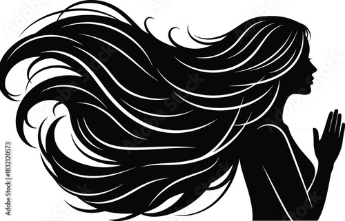 Beautiful woman silhouette with long flowing hair and praying hands, black silhouette of female figure for beauty, salon, spa, religion, and spiritual vector illustration content.