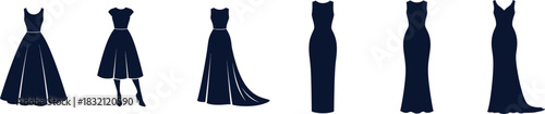 Collection of diverse women's elegant formal and semi-formal dress silhouettes, perfect for fashion design and event promotions. Vector