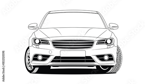 Detailed front view car outline illustration in black and white featuring clean lines and a modern design aesthetic presented as a silhouette