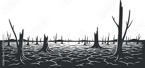A barren landscape with dead trees and cracked earth in black and white minimalist vector style, ideal for environmental awareness projects