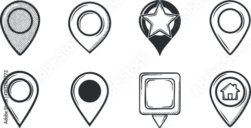 A collection of various map marker icons in black and white outline style, suitable for navigation and geolocation applications
