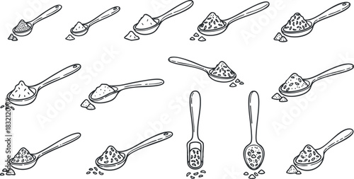 A collection of illustrated spoons with various powders and granules in black and white outline vector style, ideal for culinary design and food-related projects