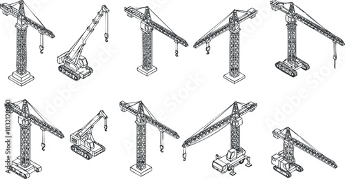 A collection of various crane types including tower, mobile, and gantry cranes in outline vector style, suitable for construction and engineering projects
