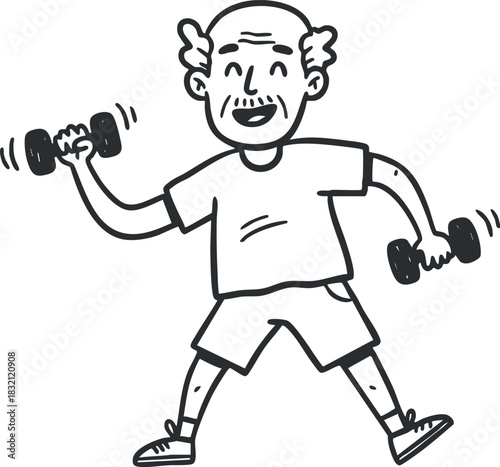 A cheerful senior man lifting dumbbells in a playful cartoon style illustration, perfect for fitness and health-related projects