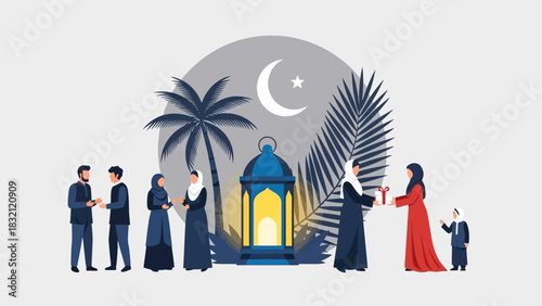 Muslim people celebrating an Islamic holiday with traditional greetings and gifts under a crescent moon and palm trees.