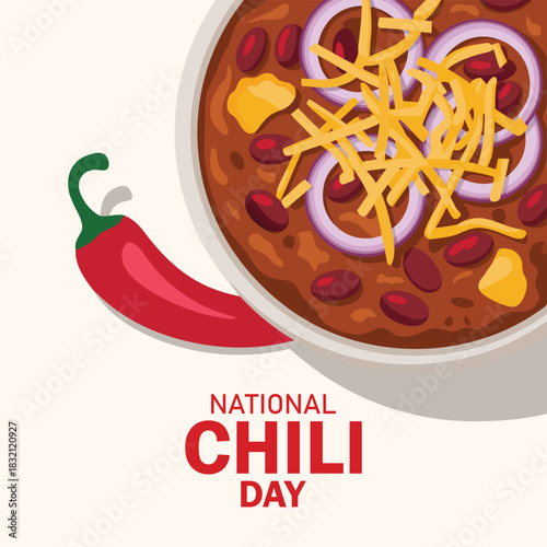National Chili Day vector illustration. Chili con carne bowl vector illustration. Traditional Mexican spicy dish with meat, beans and cheese drawing. The fourth Thursday in February. Important day