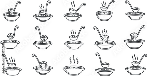 A collection of bowls of steaming noodles with chopsticks in black and white outline vector style, ideal for food-related designs