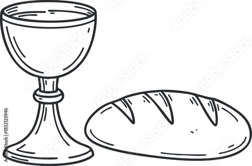 A wine glass and a loaf of bread in minimalist outline vector style, suitable for culinary and dining designs