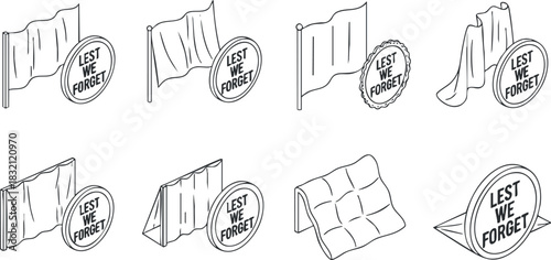A collection of flags and badges with 'Lest We Forget' in black and white outline vector style, ideal for commemorative designs