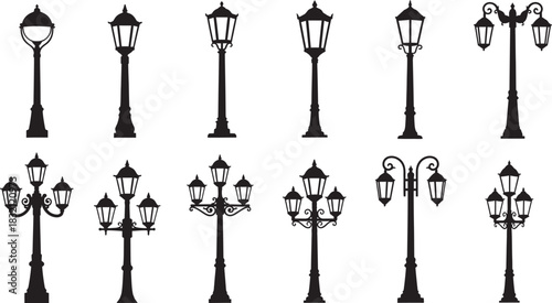 Collection of diverse vintage and modern street lamp silhouettes, showcasing various outdoor lighting designs and styles. Vector