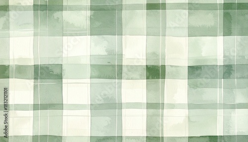 Abstract Watercolor Green Plaid Pattern Background Texture.