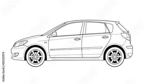 Detailed hatchback car outline vector illustration clean automotive design with precise lines and silhouette