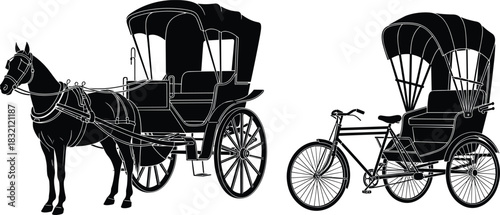 Black silhouette of a horse pulling an antique landau carriage or coach with large spoked wheels, depicting vintage luxury travel and historical transport vector illustration on white.