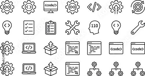 Software development and coding icons set, DevOps, programming, web design line symbols, vector illustration collection isolated on white background.