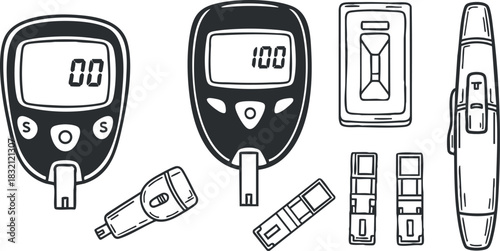 A set of diabetes monitoring devices including blood glucose meters, test strips, and charging equipment in black and white outline vector style, ideal for healthcare illustrations