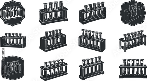 A set of various test tubes and laboratory glassware in black vector style, suitable for science and education projects