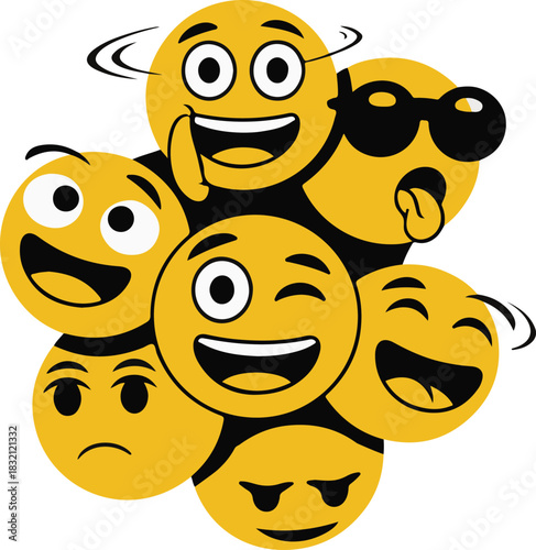Collection of happy and sad cartoon emoji faces in a cluster