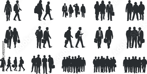 A collection of business silhouettes depicting professionals in various poses and activities in black vector style, ideal for corporate presentations and marketing materials