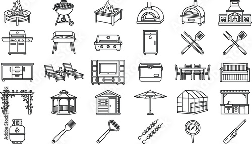 Outdoor kitchen and patio icons set, barbecue grill, garden furniture, gazebo and fire pit line art vector illustration collection.