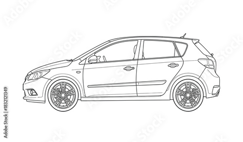 Modern hatchback car outline drawing in black and white side view minimalist design vehicle illustration automotive art hatchback silhouette