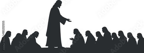 A silhouette of Jesus teaching his disciples in a black and white vector style, ideal for religious and spiritual projects